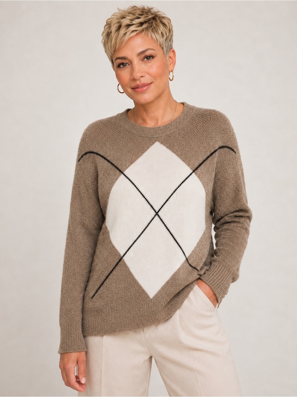HALOGEN Argyle Crewneck Sweater Taupe XL (Halogen x1) NWT
